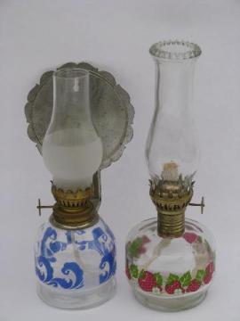 catalog photo of mini oil lamps lot, wall sconce lantern light w/ reflector, red strawberry lamp