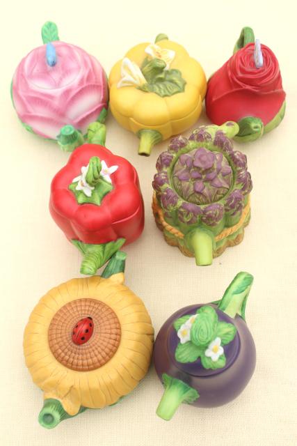 photo of mini teapot collection, figural flower & vegetable tea pots, Avon vintage 1990s  #6
