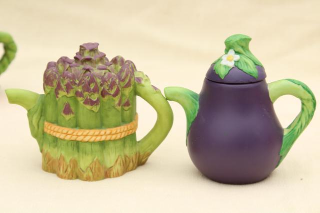 photo of mini teapot collection, figural flower & vegetable tea pots, Avon vintage 1990s  #8