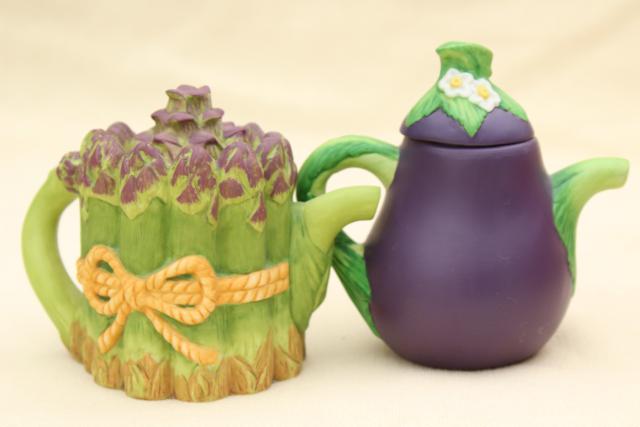 photo of mini teapot collection, figural flower & vegetable tea pots, Avon vintage 1990s  #9