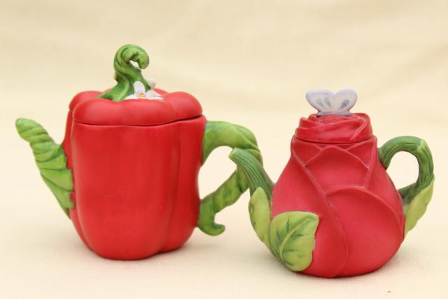photo of mini teapot collection, figural flower & vegetable tea pots, Avon vintage 1990s  #10