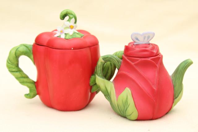 photo of mini teapot collection, figural flower & vegetable tea pots, Avon vintage 1990s  #11