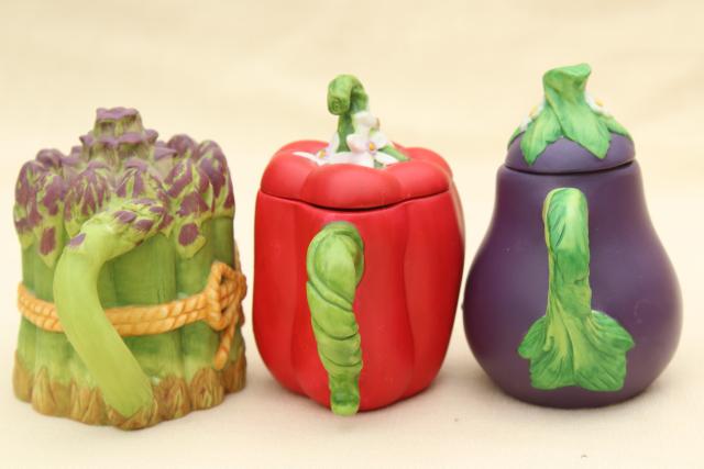photo of mini teapot collection, figural flower & vegetable tea pots, Avon vintage 1990s  #12