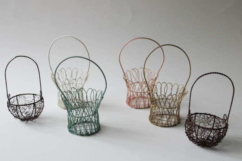 photo of mini wire baskets for Easter egg cups or spring decor, pastel wirework miniature basket lot #1