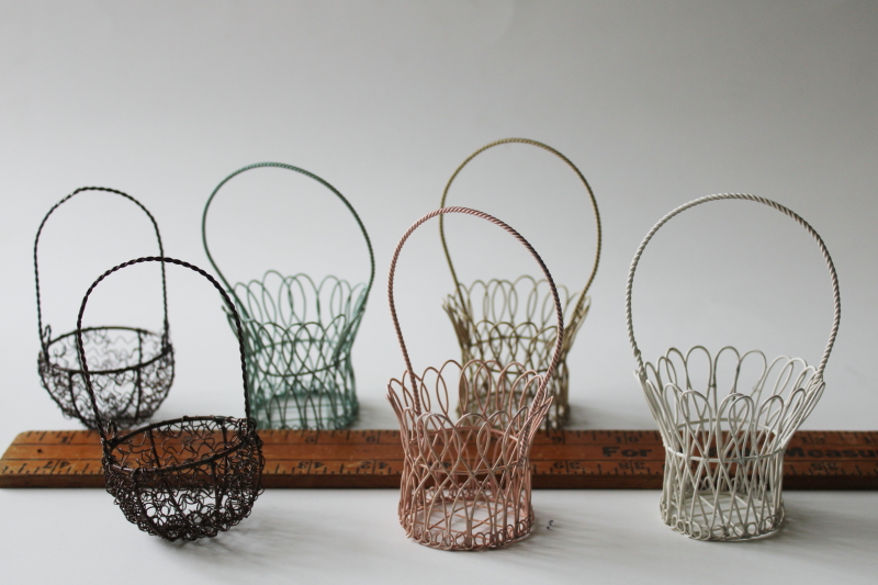 photo of mini wire baskets for Easter egg cups or spring decor, pastel wirework miniature basket lot  #2