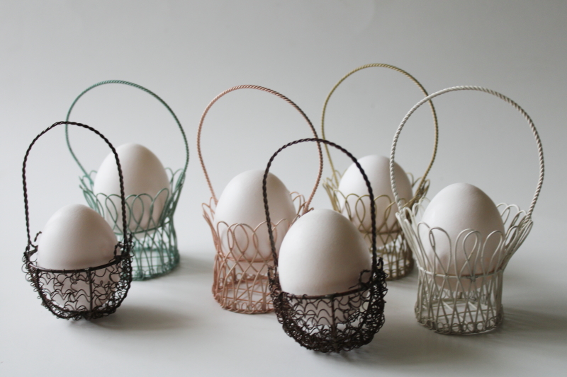 photo of mini wire baskets for Easter egg cups or spring decor, pastel wirework miniature basket lot  #3