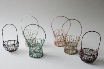 mini wire baskets for Easter egg cups or spring decor, pastel wirework miniature basket lot 