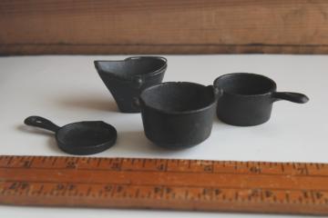 catalog photo of miniature cast iron pots & pans, cookware for vintage toy stove, doll size griddle etc