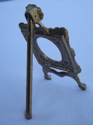 photo of miniature cast metal easel stand picture frame for oval photo or cameo #3