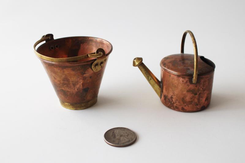 photo of miniature copper & brass bucket and sprinkling can, doll size fairy garden accessories #1