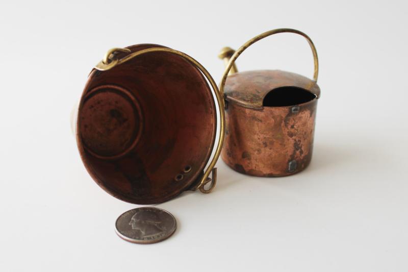 photo of miniature copper & brass bucket and sprinkling can, doll size fairy garden accessories #2