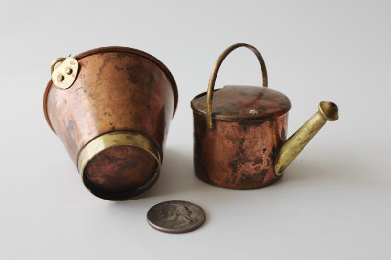 photo of miniature copper & brass bucket and sprinkling can, doll size fairy garden accessories #3