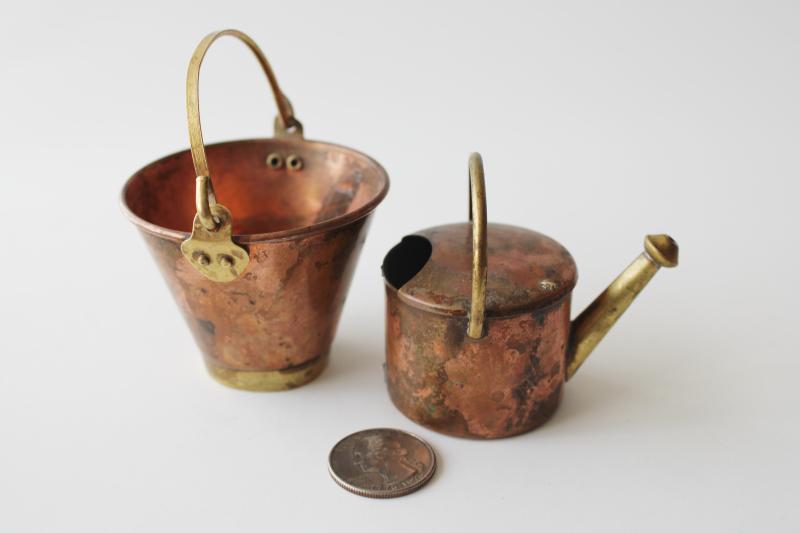 photo of miniature copper & brass bucket and sprinkling can, doll size fairy garden accessories #4