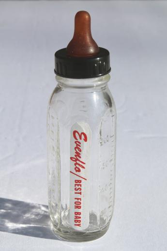 photo of miniature glass Evenflo baby bottle w/ rubber nipple, working bottle for pets or dolls #1