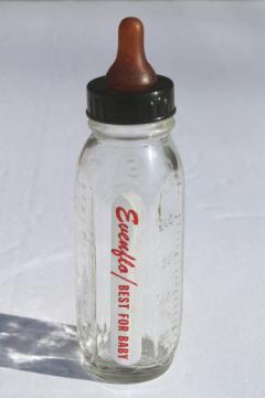 catalog photo of miniature glass Evenflo baby bottle w/ rubber nipple, working bottle for pets or dolls