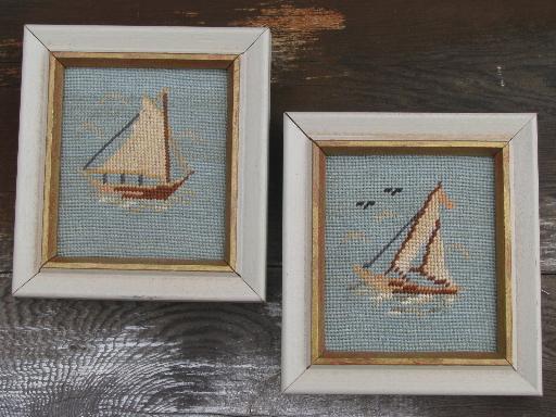 photo of miniature needlepoint pictures, boats on blue in old white wood frames #1