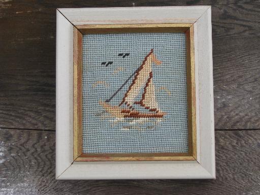 photo of miniature needlepoint pictures, boats on blue in old white wood frames #3