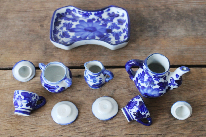 photo of miniature tea set doll dishes, vintage Delft style hand painted blue & white china  #3