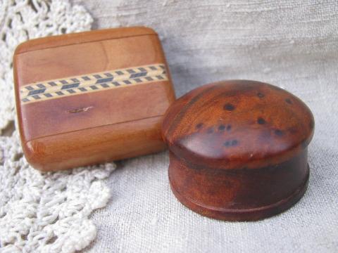 photo of miniature treenware boxes, vintage burl wood, inlaid border woodenware #1