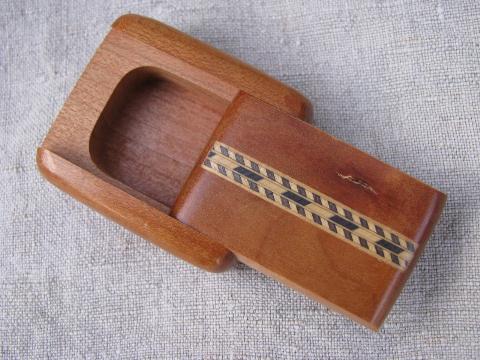 photo of miniature treenware boxes, vintage burl wood, inlaid border woodenware #4