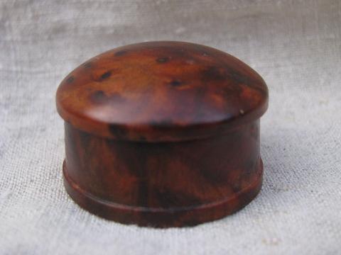 photo of miniature treenware boxes, vintage burl wood, inlaid border woodenware #5