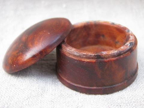 photo of miniature treenware boxes, vintage burl wood, inlaid border woodenware #6