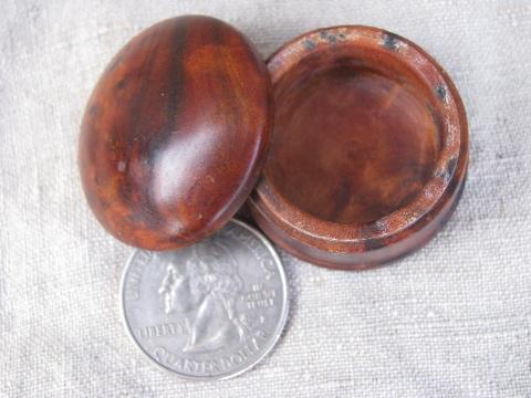 photo of miniature treenware boxes, vintage burl wood, inlaid border woodenware #7