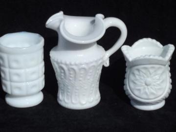 catalog photo of miniature vintage milk glass pieces, lot toothpick or match holders, pitcher