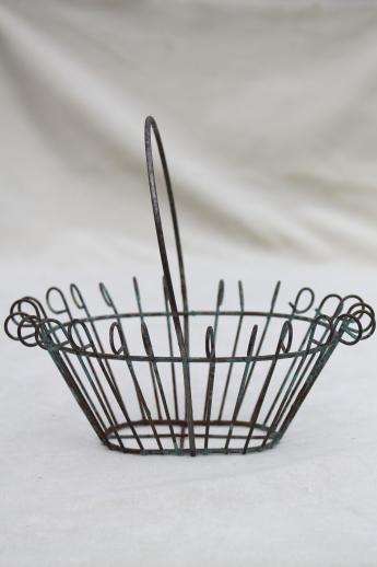 photo of miniature vintage wirework flower basket or fancy wire Easter egg basket w/ old paint #1