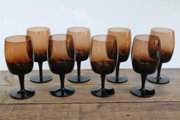 catalog photo of minimalist mod vintage Gorham Accent deep brown crystal stemware, set of 8 wine glasses 