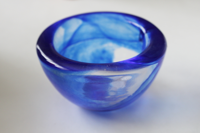 photo of minimalist mod vintage art glass bowl or tea light holder, cobalt blue swirl clear glass #2