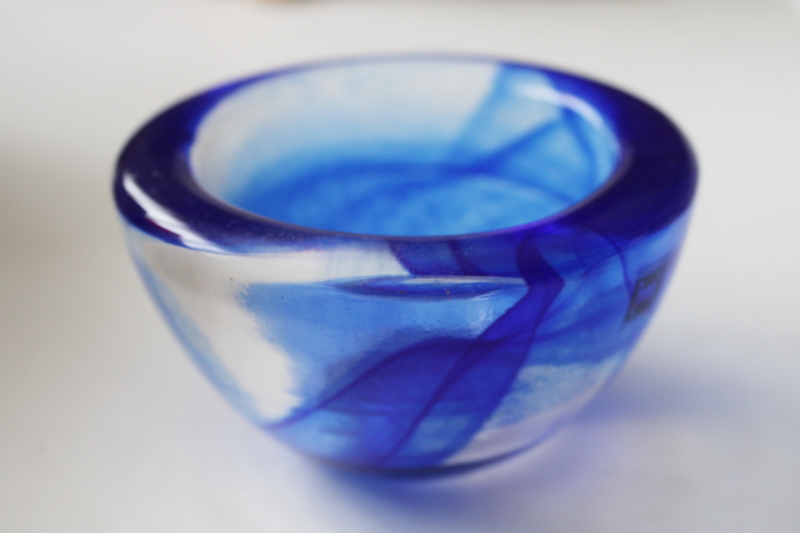 photo of minimalist mod vintage art glass bowl or tea light holder, cobalt blue swirl clear glass #3