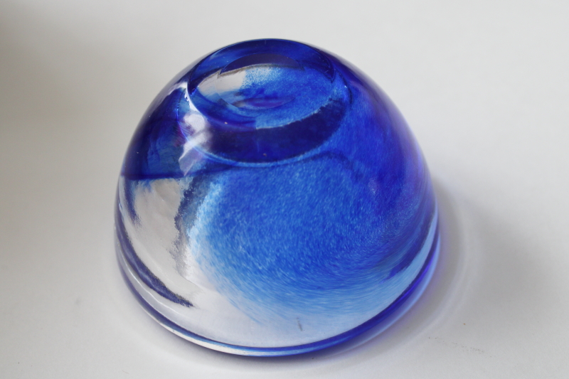 photo of minimalist mod vintage art glass bowl or tea light holder, cobalt blue swirl clear glass #4