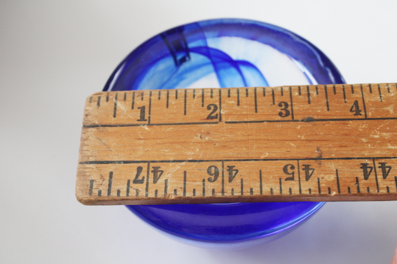 photo of minimalist mod vintage art glass bowl or tea light holder, cobalt blue swirl clear glass #5
