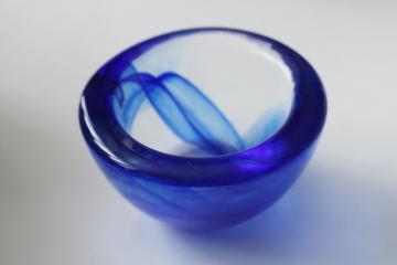 minimalist mod vintage art glass bowl or tea light holder, cobalt blue swirl clear glass 