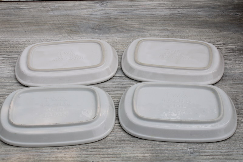 photo of minimalist mod vintage design oblong plates, plain white ceramic snack trays, TWA airlines #2