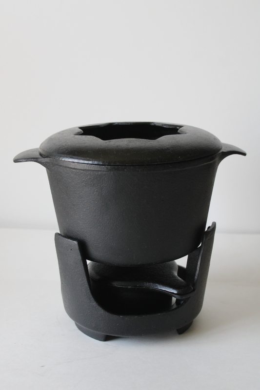 photo of minimalist modern Dansk cast iron fondue set, pot w/ stand & burner cup w/ lid  #1