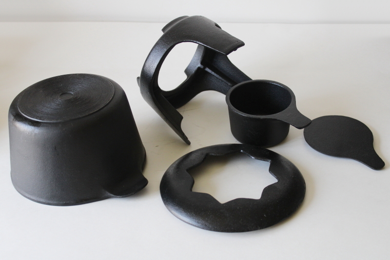 photo of minimalist modern Dansk cast iron fondue set, pot w/ stand & burner cup w/ lid #6