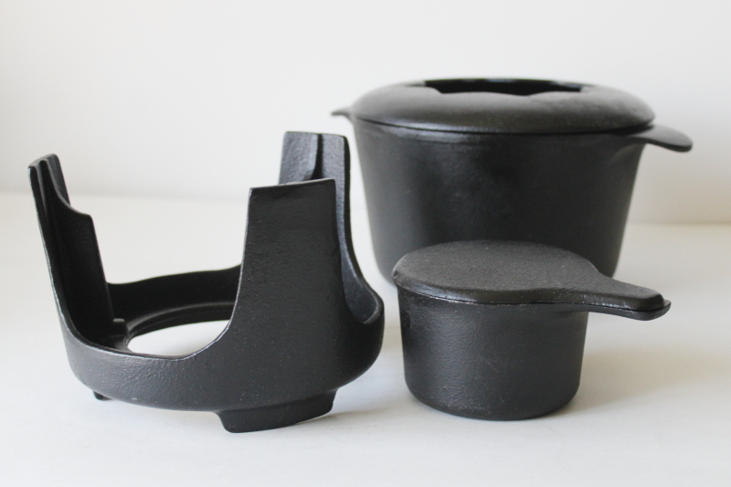photo of minimalist modern Dansk cast iron fondue set, pot w/ stand & burner cup w/ lid #7