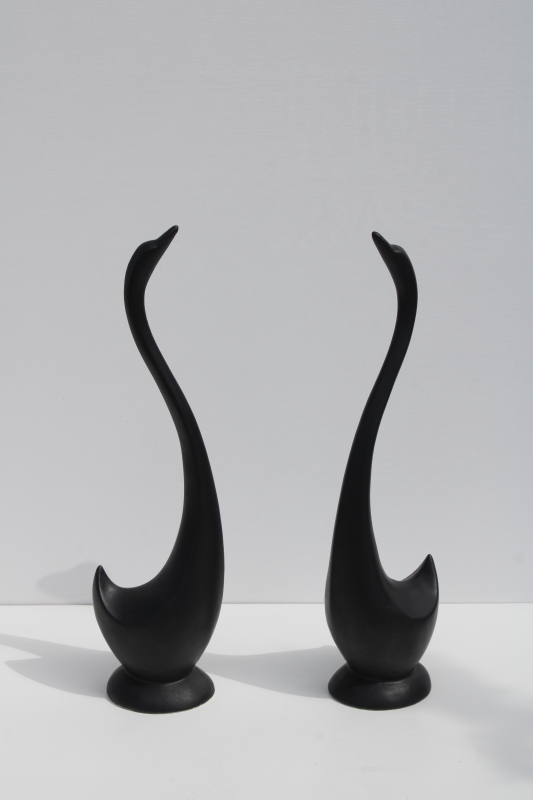 photo of minimalist modern art matte black ceramic sculptures, pair of long necked birds vintage swan figurines #1