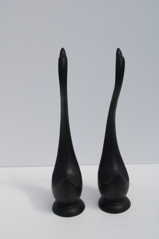 photo of minimalist modern art matte black ceramic sculptures, pair of long necked birds vintage swan figurines #2