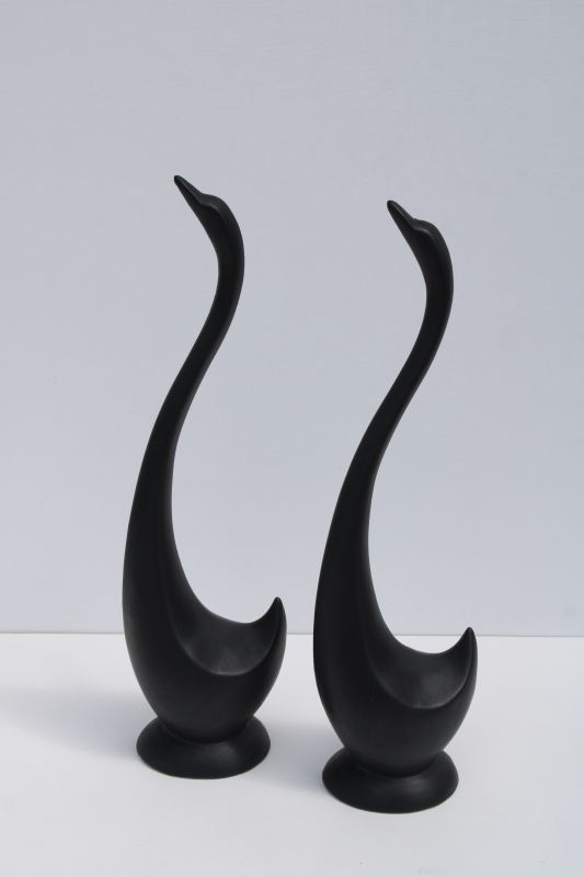 photo of minimalist modern art matte black ceramic sculptures, pair of long necked birds vintage swan figurines #4