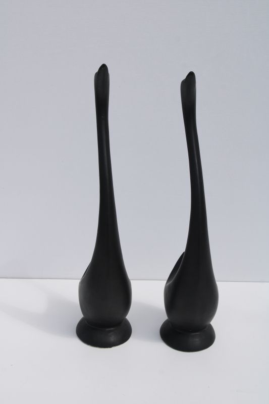 photo of minimalist modern art matte black ceramic sculptures, pair of long necked birds vintage swan figurines #5