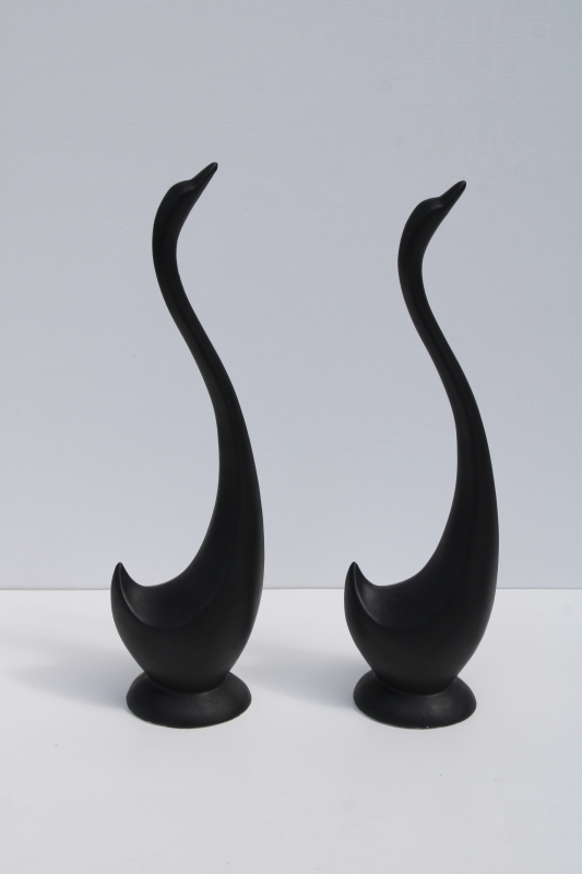 photo of minimalist modern art matte black ceramic sculptures, pair of long necked birds vintage swan figurines #6