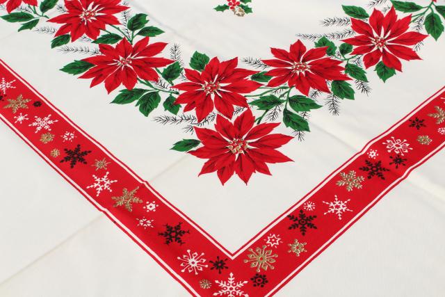 photo of mint condition vintage holiday tablecloth & napkins, Christmas red & green poinsettias #3