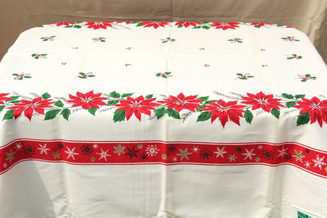 photo of mint condition vintage holiday tablecloth & napkins, Christmas red & green poinsettias #6