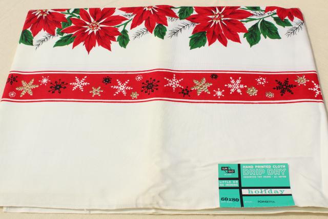 photo of mint condition vintage holiday tablecloth & napkins, Christmas red & green poinsettias #9