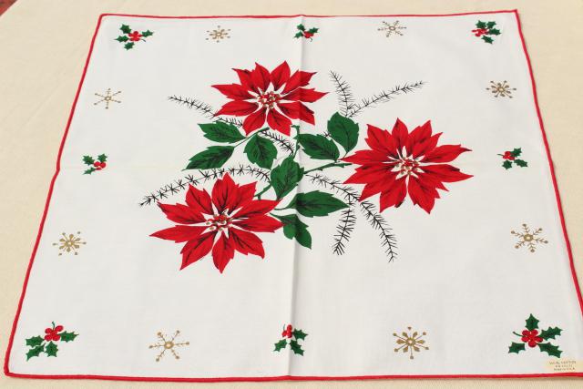 photo of mint condition vintage holiday tablecloth & napkins, Christmas red & green poinsettias #11