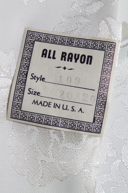 photo of mint condition vintage rayon silk damask dinner napkins, set of 8 w/ original labels #3