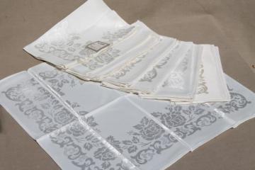 catalog photo of mint condition vintage rayon silk damask dinner napkins, set of 8 w/ original labels